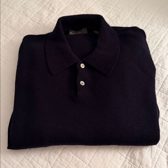 Henry Cotton’s Men XL 100% Merino Wool Knit Polo Sweater Navy Blue Long Sleeve - Picture 9 of 9